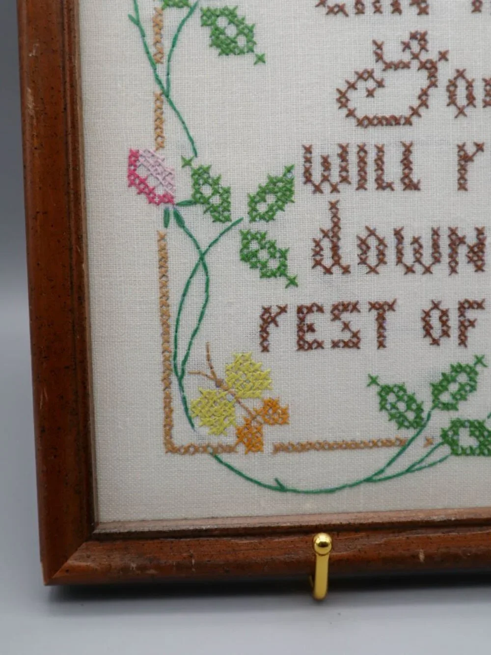 Vtg Framed Completed Cross Stitch Sampler Wall Art God Will Reach Down Religious